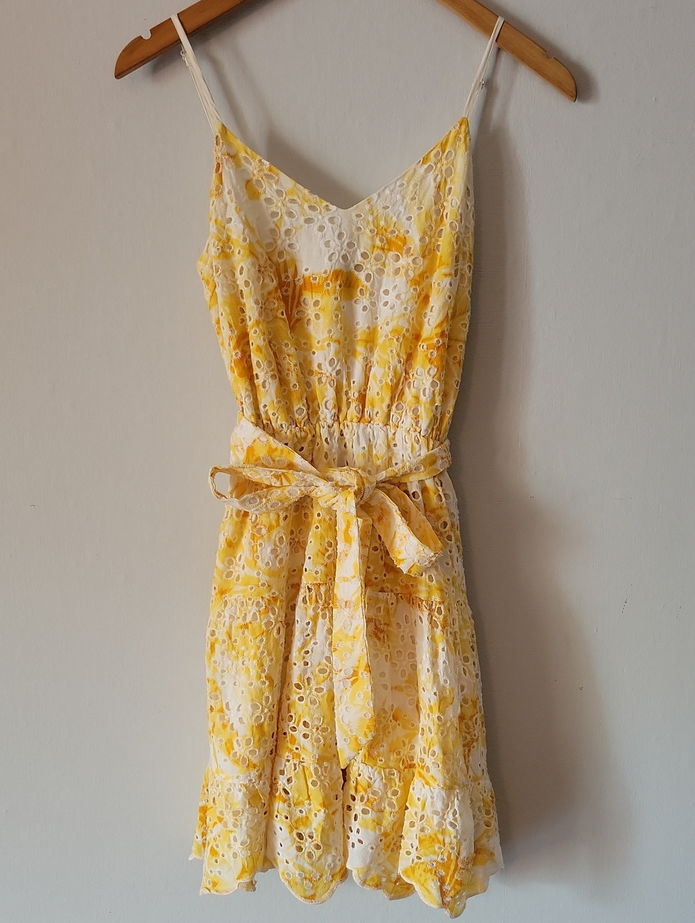 Express Yellow and White Eyelet Tie-Waist Dress Size XS